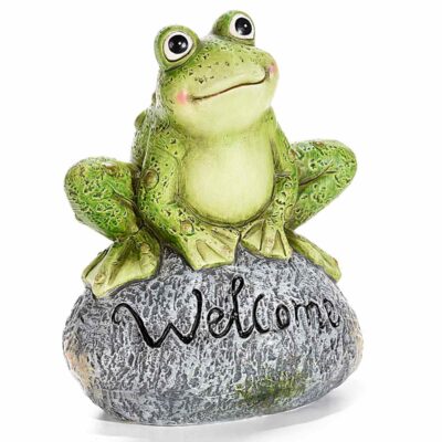 RANA DECORATIVA IN CERAMICA SU PIETRA "WELCOME"
MIS. CM. 17X11X20,5H.
"GIARDINO"