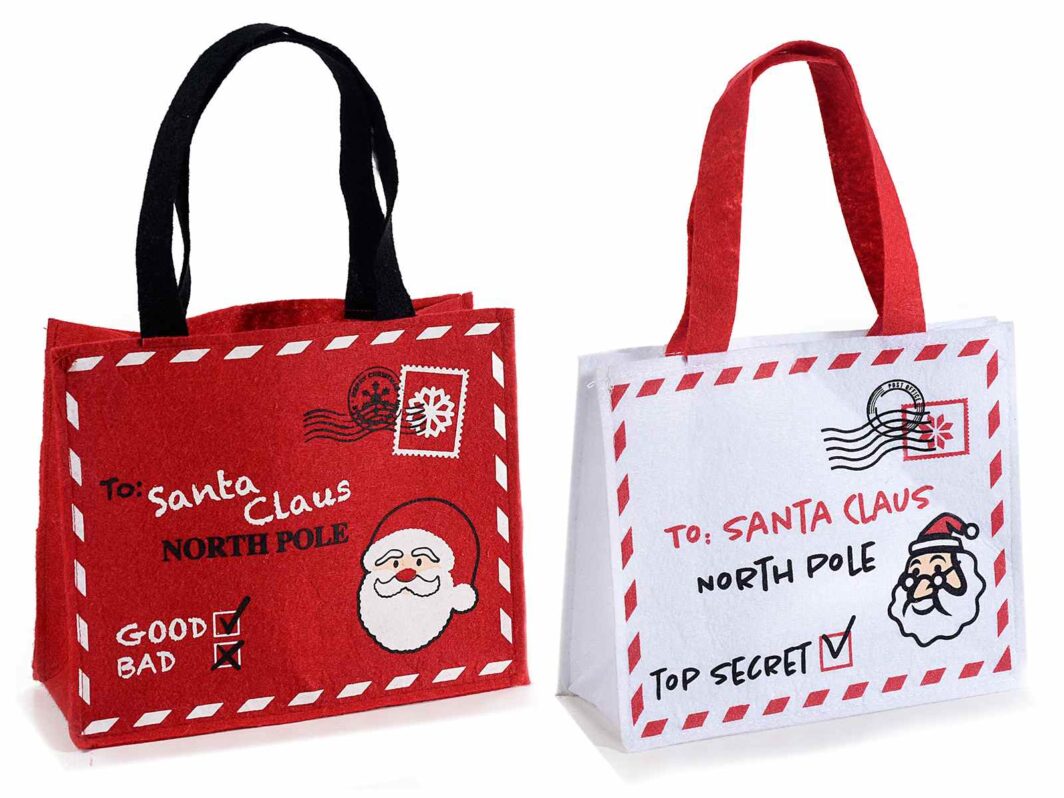 Borsetta in panno con decori "Letterina a Babbo Natale"
Misure: cm 20,5 x 7 x 17 H
Con manici: 29,5 H
Assortimento: 2 modelli
Utilizzo: Borsette e contenitori in panno