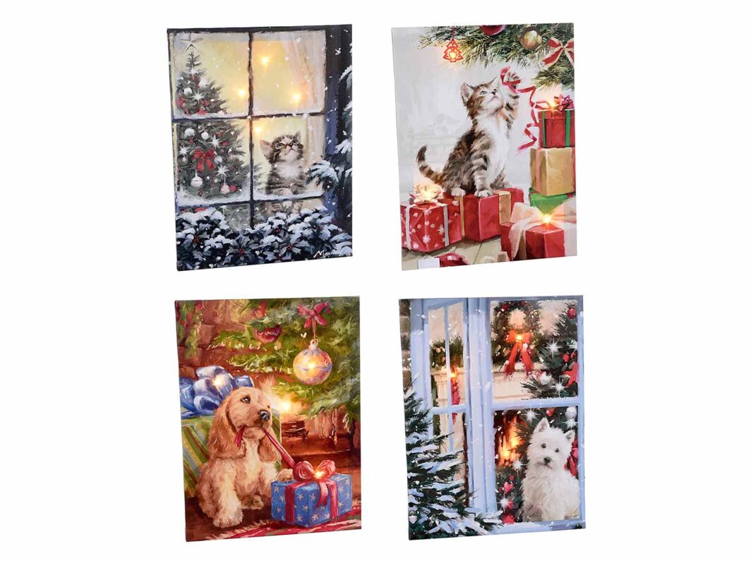 Quadro tela "Il Natale dei cuccioli" c/luci led da appendere
Misure: cm 30 x 40 H
Funziona con 2 pile stilo non incluse
Assortimento: 4 fantasie