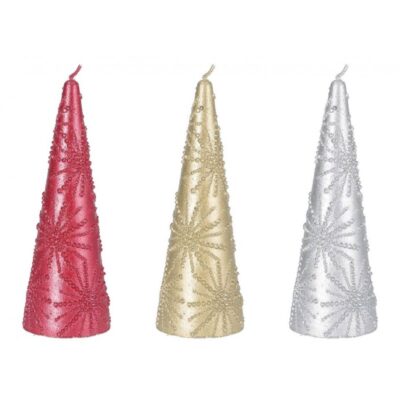 CANDELA CERA DECORATA METALIZZATA "ALBERO" MIS. 5.5X15 CM
COLORI ASSORTITI