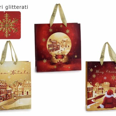 Sacchetto carta "Christmas Village" con manici e glitter
Misure: cm 23 x 10 x 24 H
Con manici: 35 H - Grammatura: 150 g
Assortimento: 3 fantasie
