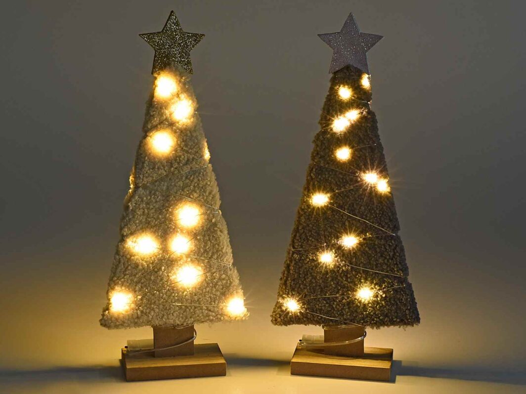 Albero Natale legno rivestito effetto lana c/luci e stella