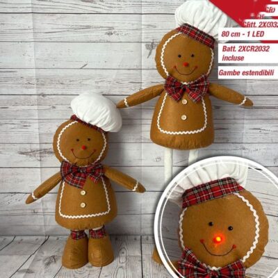 GINGERBREAD CM. 80 CON LUCI LED BATTERIE INCLUSE 2XCR2032 
CON GAMBE ESTENSIBILI