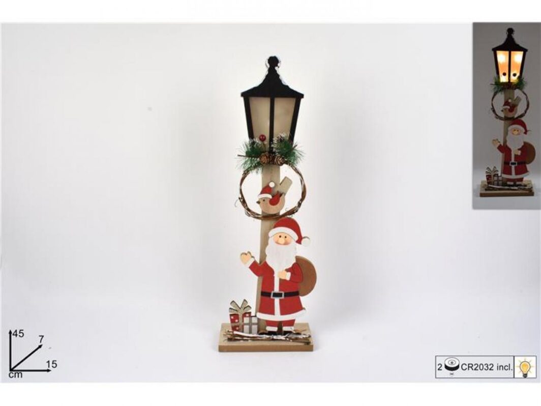 LAMPIONE LEGNO C/BABBO NATALE ROSSO h. 45