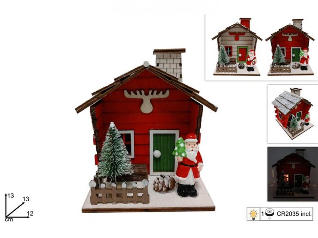 CASETTA DECORATA CON BABBO NATALE IN LEGNO CON LUCE H. 13