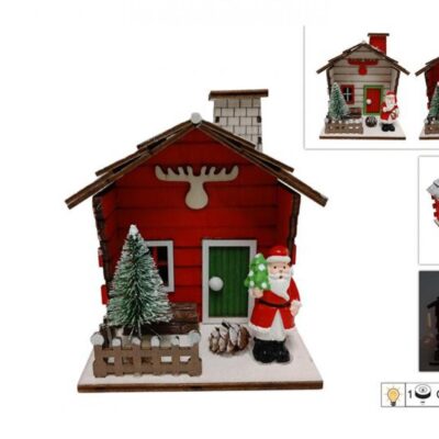 CASETTA DECORATA CON BABBO NATALE IN LEGNO CON LUCE H. 13