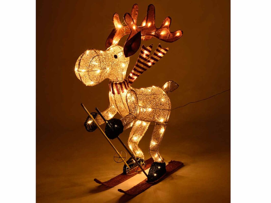 Renna sugli sci con anima in metallo e luci LED
