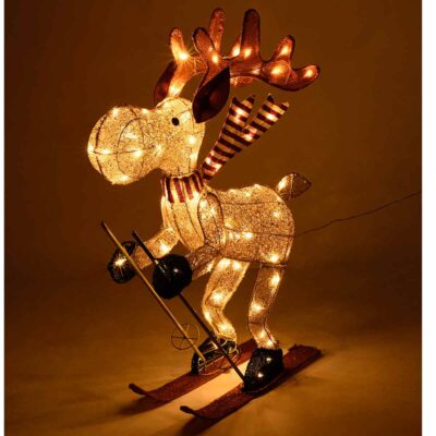Renna sugli sci con anima in metallo e luci LED
