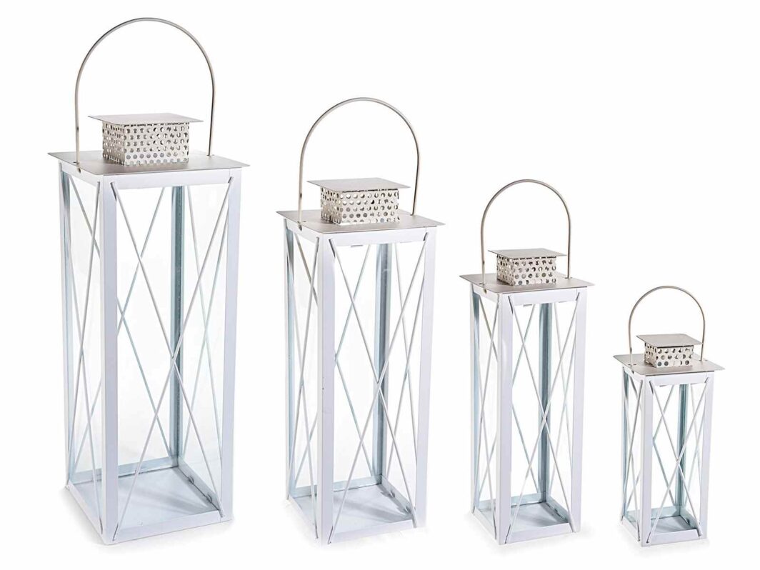 SET 4 LANTERNE IN METAALLO BIANCO CON TETTO IN ECRU