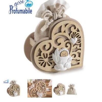 Cuore legno c/decoro Comunione gesso e sacchetto c/tirante