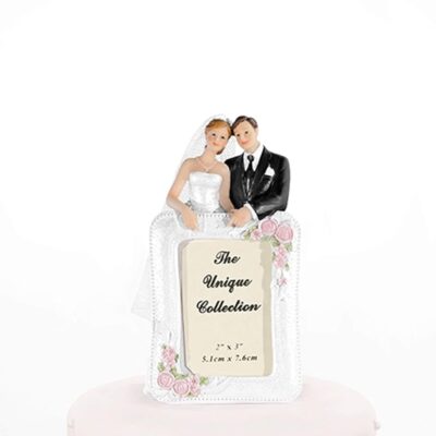 Decorazione Torta Nuziale Coppia Sposi con Cornice, Resina, Bianco e Nero, h 14 cm