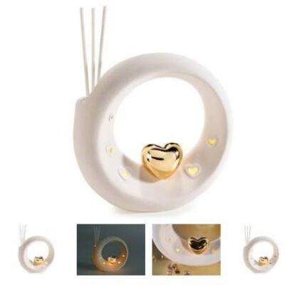 Cerchio porcellana c/cuore dorato, luci e stick p/profumare