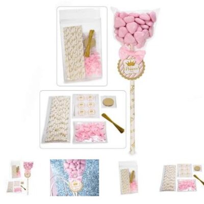 kit bomboniera con stick, tag e fiocco rosa