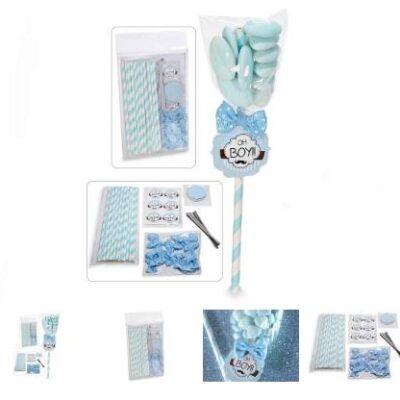 kit bomboniera con stick, tag e fiocco azzurro