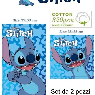 SET ASCIUGAMANI DISNEY MARVEL VISO OSPITE 1+1 SPUGNA IN COTONE 100% "STITCH AZZURRO"