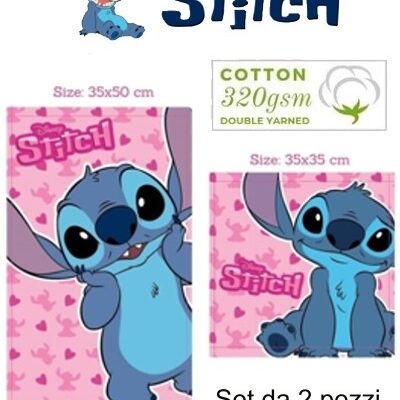 SET ASCIUGAMANI DISNEY MARVEL VISO OSPITE 1+1 SPUGNA IN COTONE 100% "STITCH ROSA"