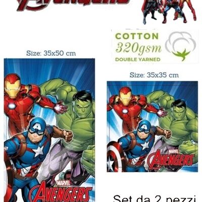SET ASCIUGAMANI DISNEY MARVEL VISO OSPITE 1+1 SPUGNA IN COTONE 100% "AVENGERS"