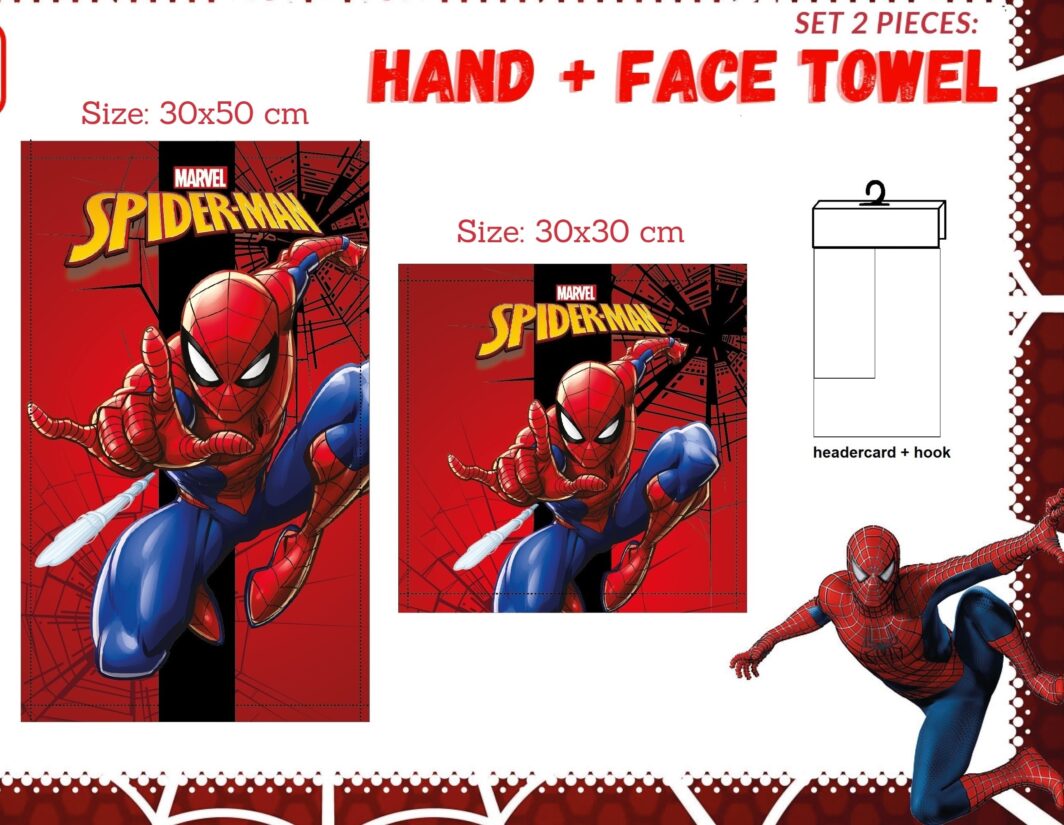 SET ASCIUGAMANI DISNEY MARVEL VISO OSPITE 1+1 SPUGNA IN COTONE 100% "SPIDERMAN"