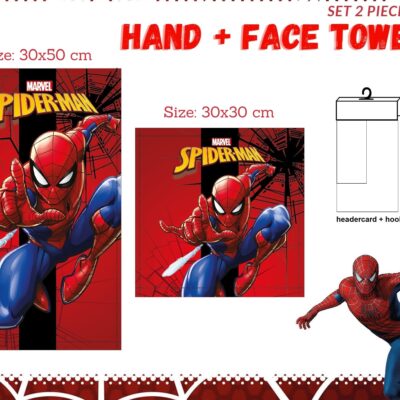 SET ASCIUGAMANI DISNEY MARVEL VISO OSPITE 1+1 SPUGNA IN COTONE 100% "SPIDERMAN"