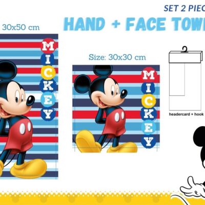 SET ASCIUGAMANI DISNEY MARVEL VISO OSPITE 1+1 SPUGNA IN COTONE 100% "MICKEY MOUSE"