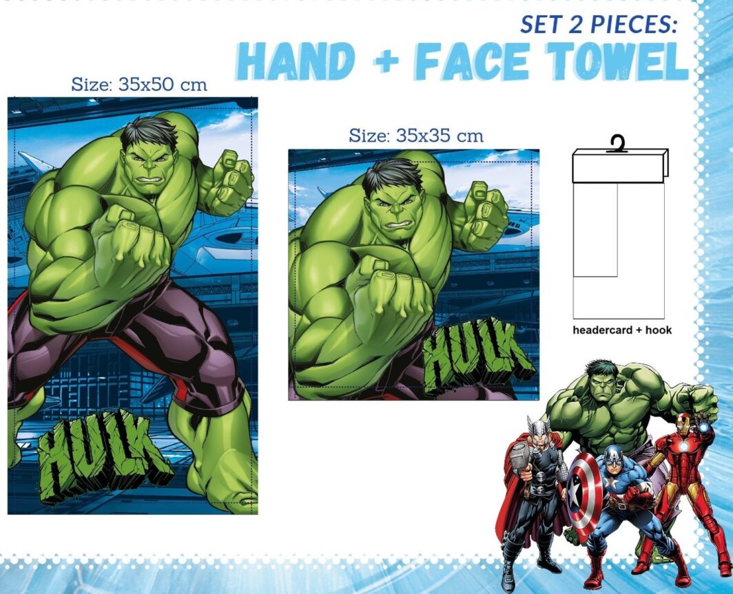 SET ASCIUGAMANI DISNEY MARVEL VISO OSPITE 1+1 SPUGNA IN COTONE 100% "HULK"
