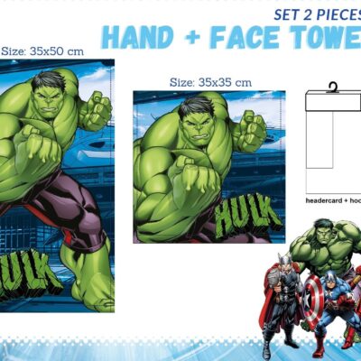 SET ASCIUGAMANI DISNEY MARVEL VISO OSPITE 1+1 SPUGNA IN COTONE 100% "HULK"