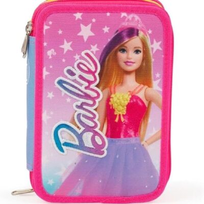 Barbie Giochi Preziosi - Astuccio 3 Scomparti riempito per la scuola elementare, 3 Zip, 43 Accessori scuola inclusi