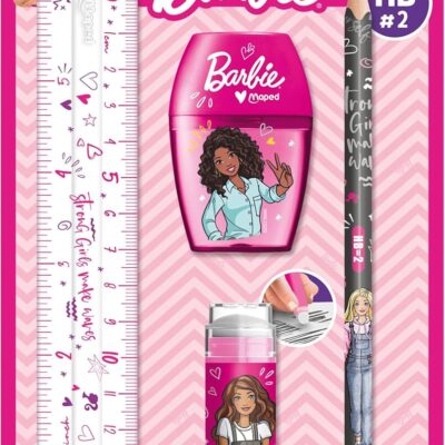 Maped - Set di cancelleria Barbie 4 pezzi - 1 righello trasparente 15 cm + 1 temperino 1 foro + 1 gomma tubo protetto + 1 matita carta HB - Licenza Barbie...