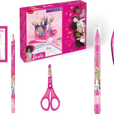 Maped - Cofanetto regalo da colorare Barbie - Matite, pennarelli, temperamatite, forbici 13 cm, gomma, stickers, barattolo per matite - Licenza Barbie ufficiale