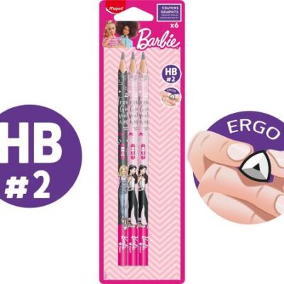 Maped – 6 matite grafite HB #2 BARBIE – Matite per carta, forma triangolare ergonomica, confezione da 6 matite di carta