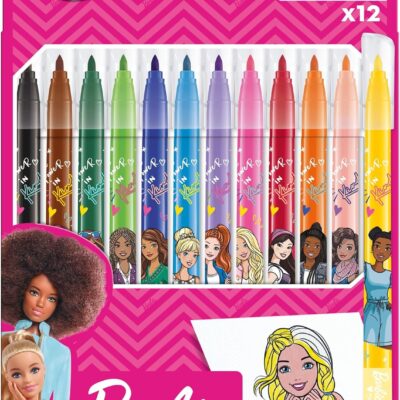Maped – Pennarelli Barbie – Feltro da colorare – Feltro per bambini – Feltri decorati – Punta media – Inchiostro lavabile – Scatola di cartone con 12...