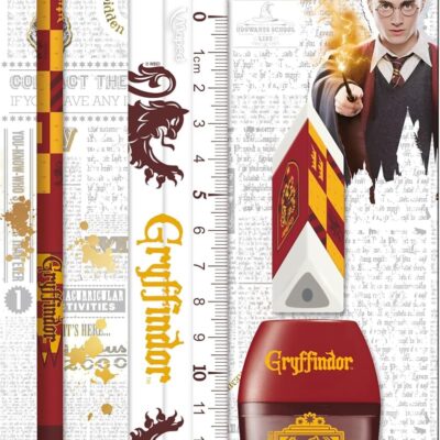 Maped - Set di cancelleria Grifondoro 4 pezzi - 1 righello trasparente 15 cm + 1 temperino 1 foro + 1 gomma + 1 matita carta HB - Licenza ufficiale Harry Potter