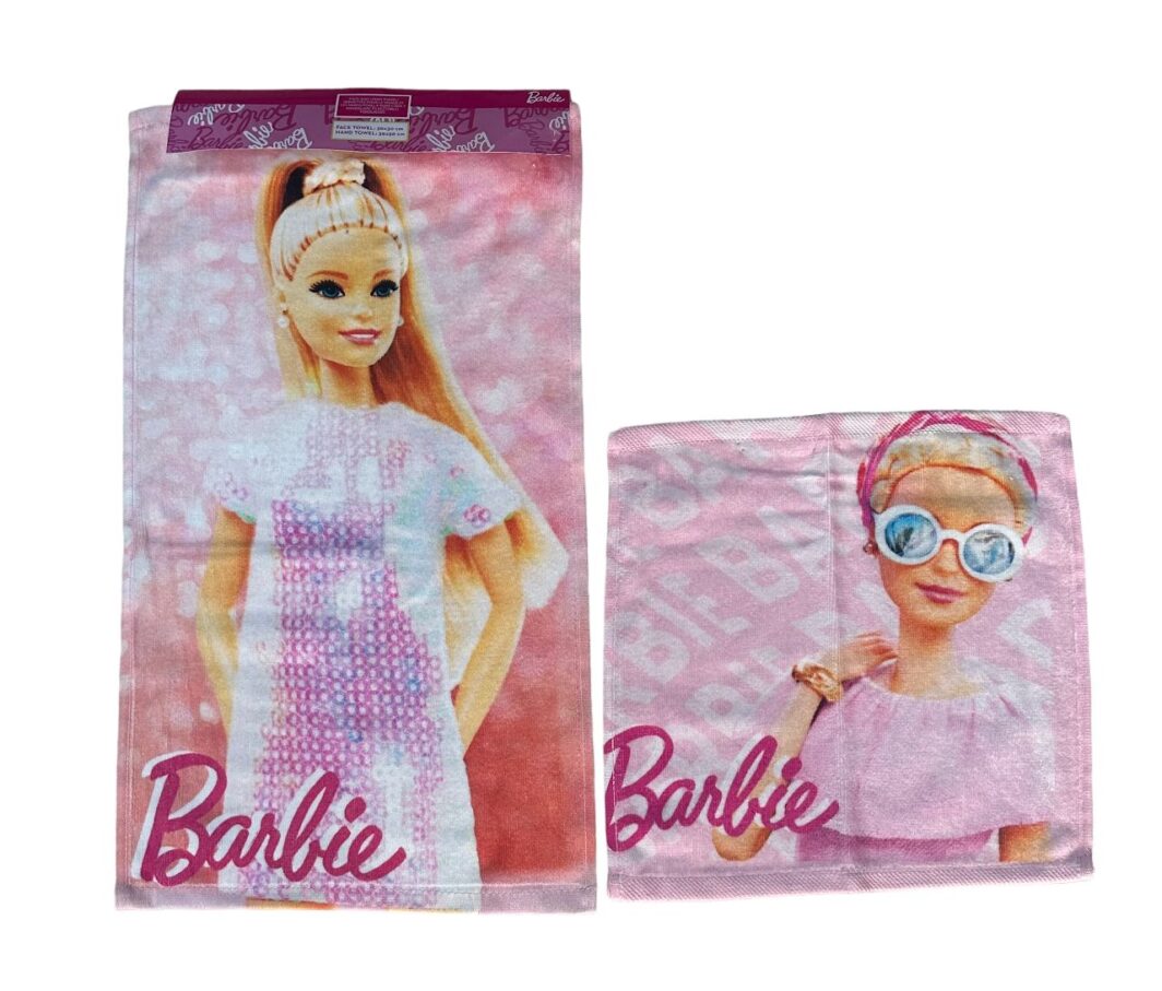 SET ASCIUGAMANI MATTELVISO OSPITE 1+1 SPUGNA IN COTONE 100% "BARBIE"