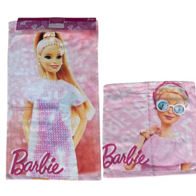 SET ASCIUGAMANI MATTELVISO OSPITE 1+1 SPUGNA IN COTONE 100% "BARBIE"