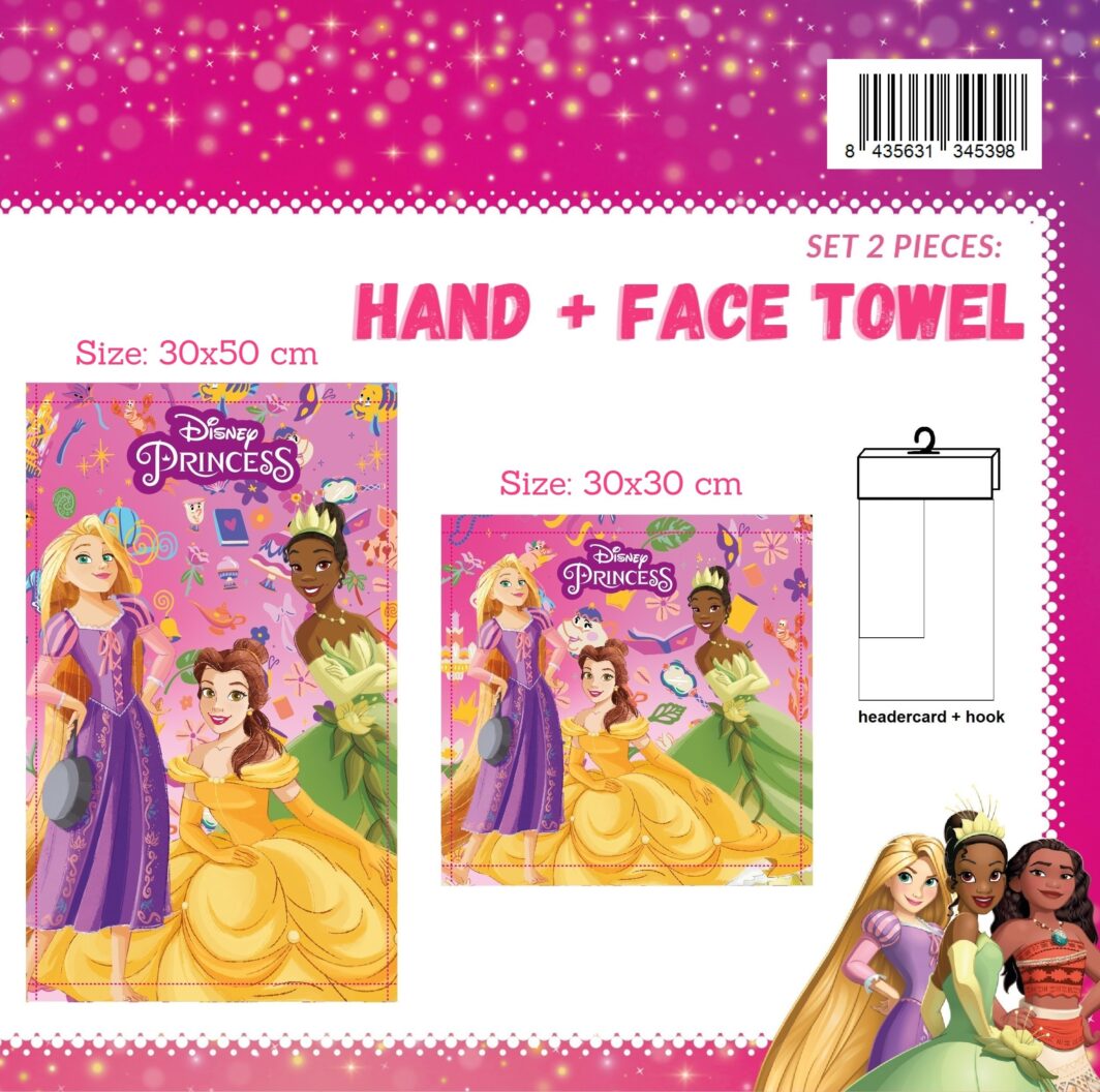 SET ASCIUGAMANI DISNEY MARVEL VISO OSPITE 1+1 SPUGNA IN COTONE 100% "LE PRINCIPESSE"