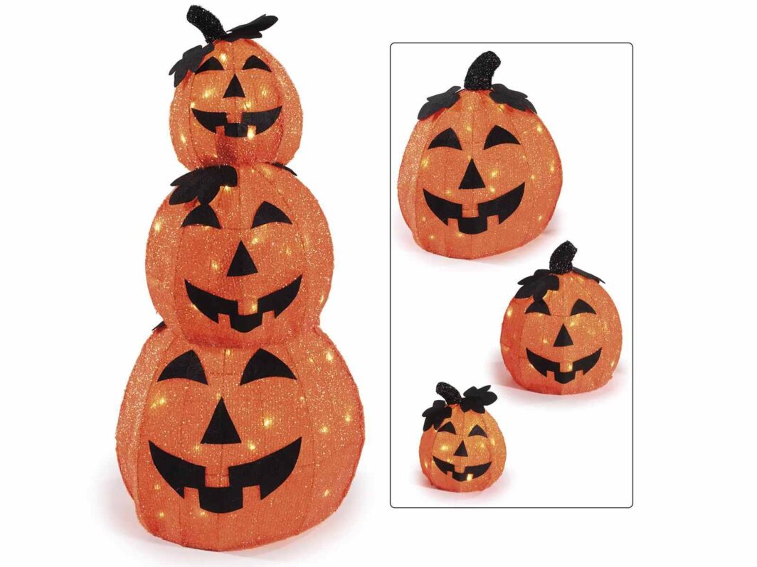 Set 3 zucche di Halloween impilabili c/anima metallo e luci