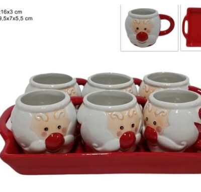 TAZZINE SET 6 PZ C/ VASSOIO DECORO VISO BABBO NATALE