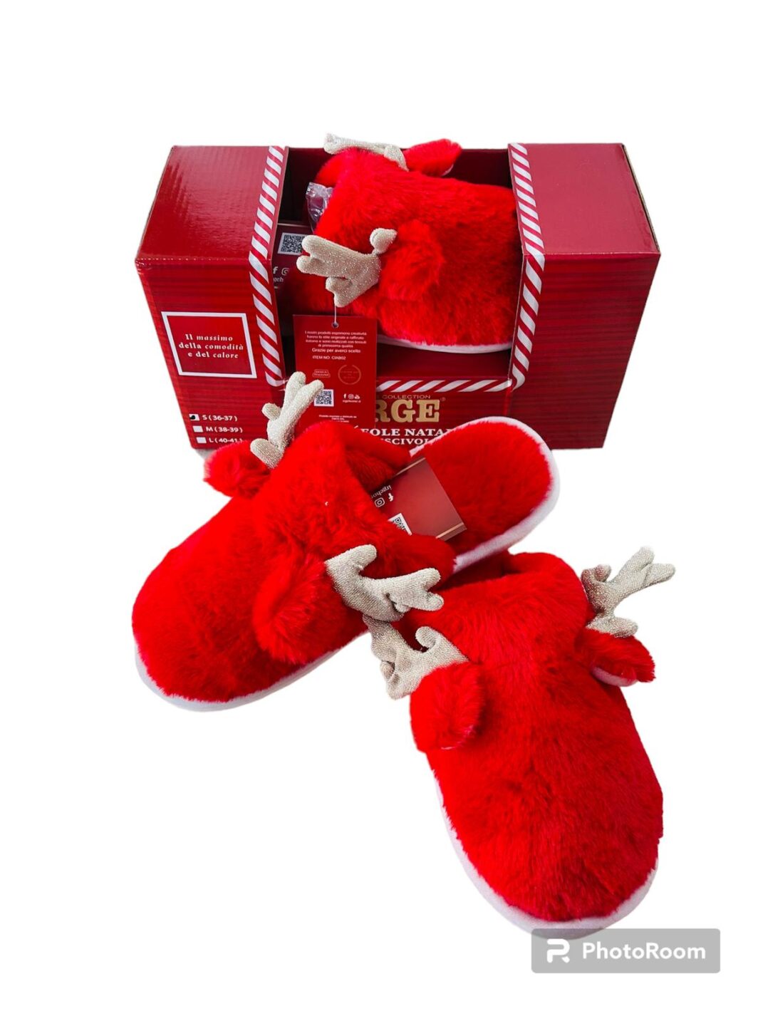 Pantofole, Ciabatte Natalizie Donna IRGE Natale "Renne", Calde e Morbide Antiscivolo Color Rosso e Glitter
