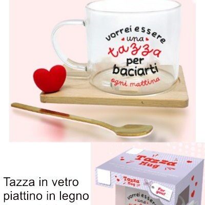 TAZZA IN VETRO PIATTINO LEGNO E CUCCHIAIO