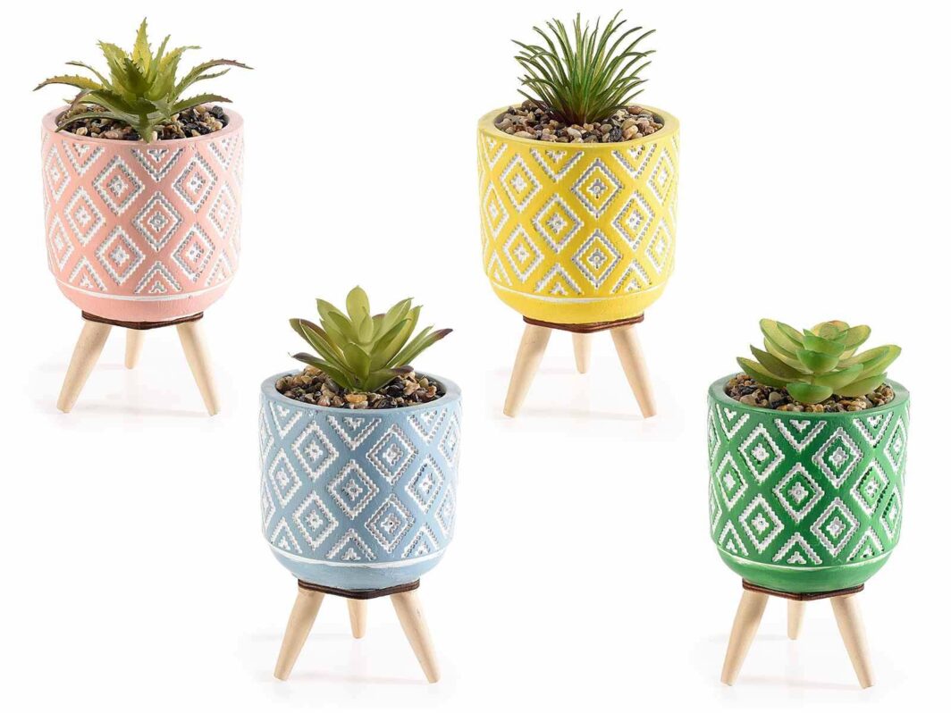 Vaso cemento decorato c/pianta artificiale e treppiede legno
