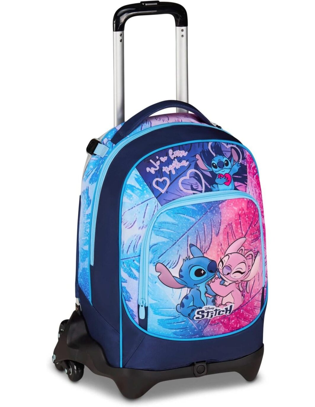 Seven Disney Stitch e Angel - Zaino Trolley Staccabile Jack 3 Ruote per Scuola Elementare, Doppio Scomparto
