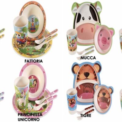 Set pappa in melamina con 2 piatti, 2 posate e bicchiere soggetti assortiti