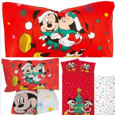 Completo lenzuola natalizie letto singolo Topolino e Minnie Disney Christmas set 3 pezzi sotto lenzuola con angoli lenzuola federa 100% Cotone